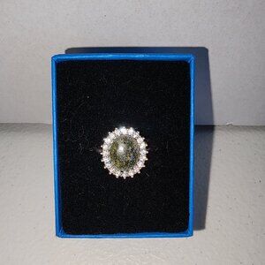 Green Connemara Marble and White Cubic Zirconia Silver Tone Ring Size 12